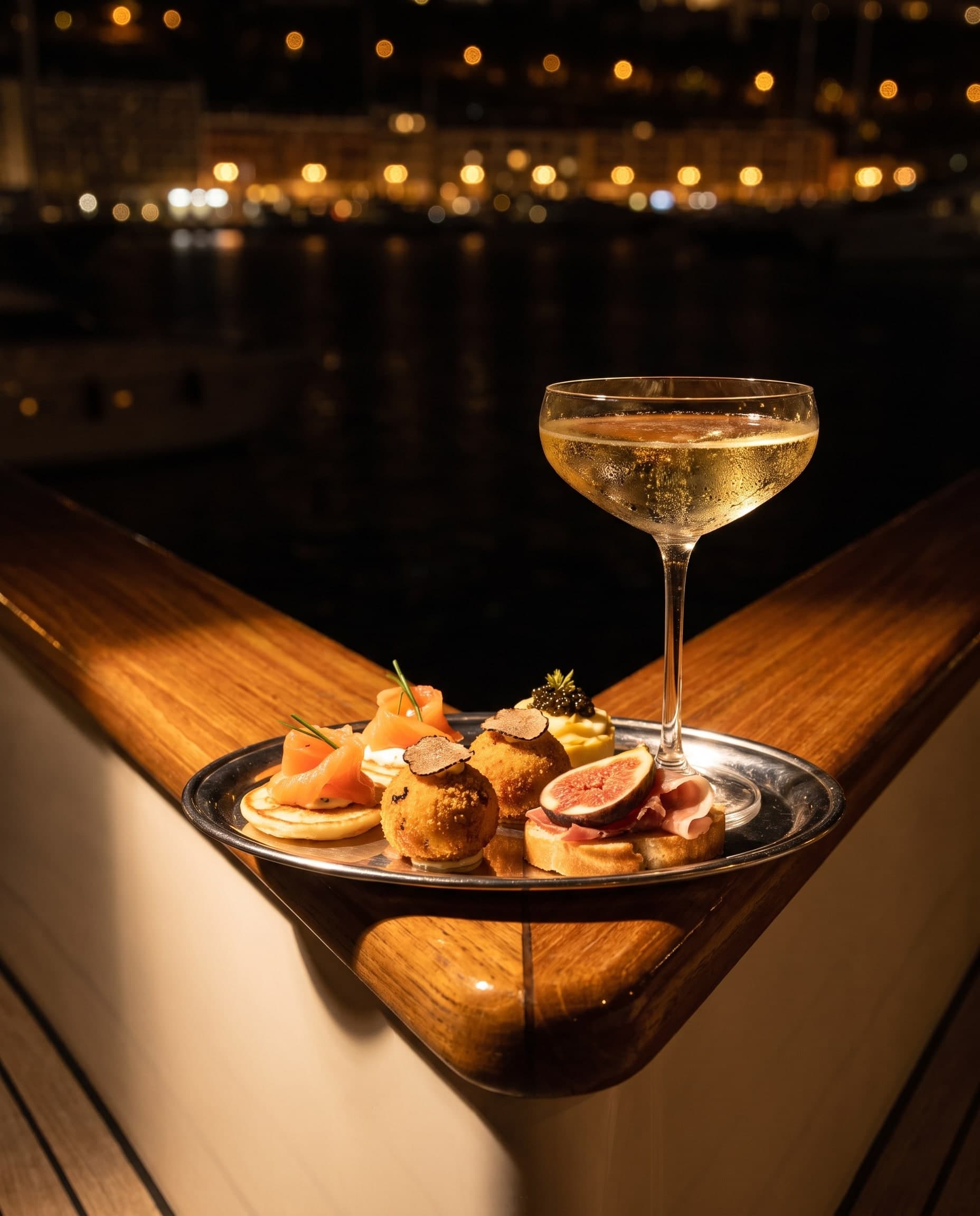 Canapés und Champagner auf dem Teakholz-Handlauf einer Yacht, dahinter die Lichter eines Hafens bei Nacht