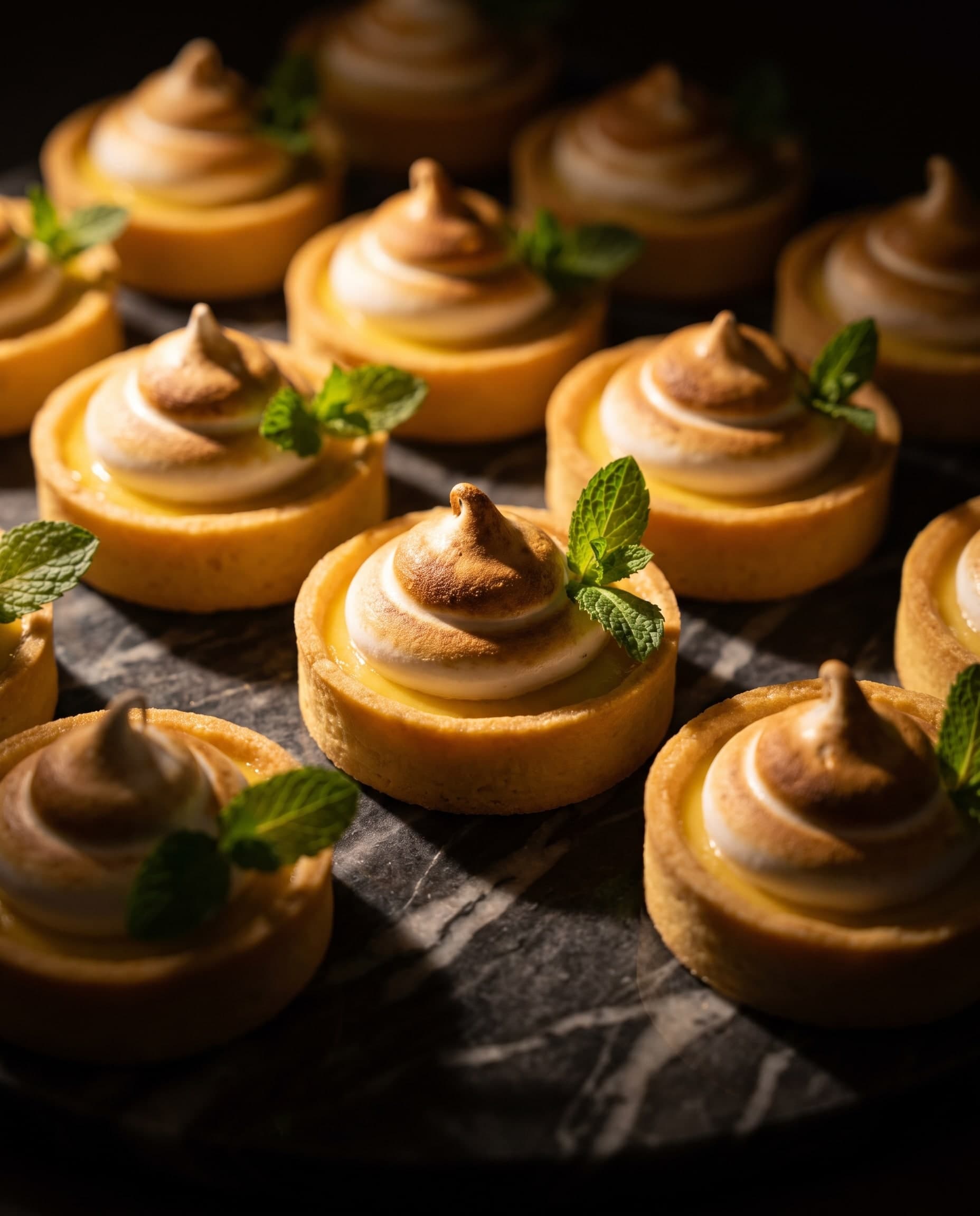 Reihen kleiner Zitronentartelettes mit abgeflämmter Meringue und Minzblättern auf dunklem Marmor
